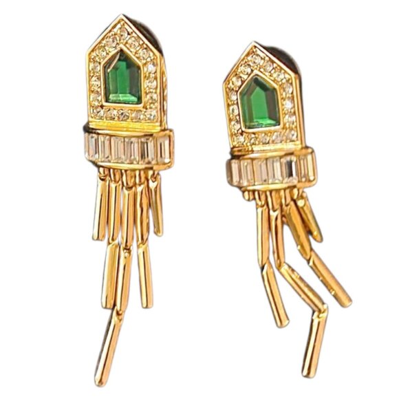 Rachel Zoe Gold Chandelier Statement Earrings Emerald & Clear Swarovski crystals - Picture 6 of 6